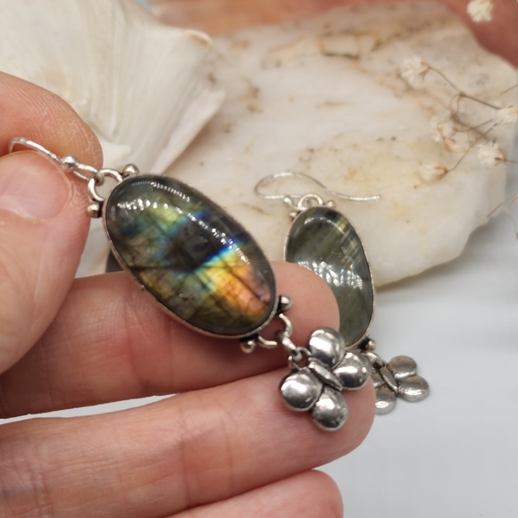 Genuine Large Labradorite Crystals Genuine Stones Silver Earrings Butter… - Picture 2 of 10